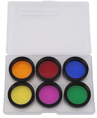 Ensemble de filtres télescopiques 6 en 1, kit de filtres lunaires de 1,25 Pouce avec lentilles Violet Clair, Jaune, Orange, Rouge, Verte et Bleue pour l’Observation Lunaire et
