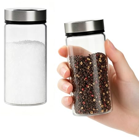 2 stycken minisalt- och pepparströarset, 4-i-1 saltströare liten med lock, 170 ml saltströare glas med justerbara utlopp, för kök, grill och matlagningstillbehör