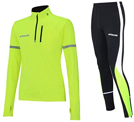 Airtracks Herren Winter Laufset Thermo Laufhose Lang Laufshirt Langarm Sweatshirt Pro Fleece Funktionsshirt Sport Langarmshirt Jogginghose Leggins - neon - XXL