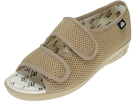 Särskild bred sko Nylon Grid Öppen tå för kvinnor. 2 kardborreband. Delikat fötter, diabetiker och postoperativ. CELIARUIZ-SEVILLAS Sonia. Antibakteriell. Fråga 1 Storlek MER., Beige, 39 EU