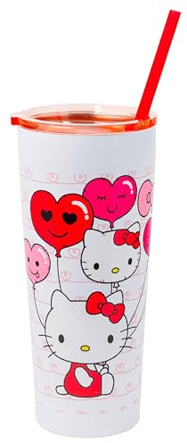 Silver Buffalo Hello Kitty Heart Balloons Double Walled Stainless Steel Tumbler with Straw, 22 Ounces