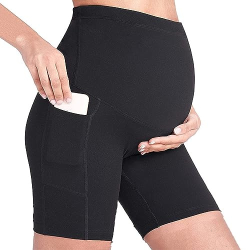 Buliezy Pantalones Cortos de Yoga de Maternidad Negros Que aprietan sobre los Golpes, Cintura Alta, sin Costuras, Soporte Suave, Activo para el Embarazo con Bolsillos para el teléfono (S-XL)