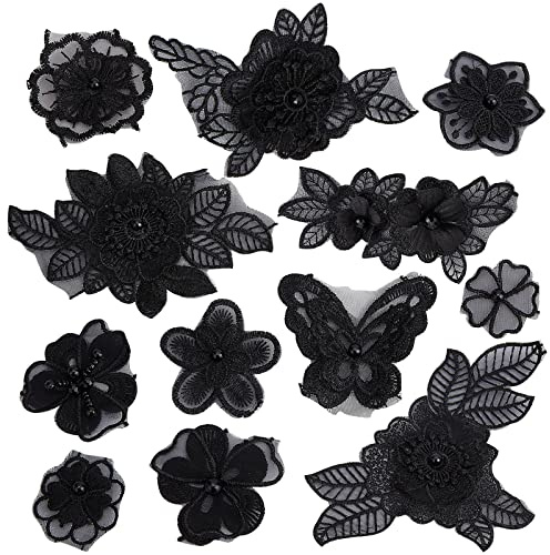 GORGECRAFT 12 st svart 3D blommig broderi applikation fjäril blomma spets broderad datoriserad broderi organza sy på lappar med plastpärlor för kläder för dekoration bröllopsklänning