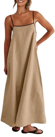 Shy Velvet Women's 2025 Summer/Fall Linen Maxi Dress Contrast Spaghetti Strap Dress Backless Casual Party Slip Dresses, Sandal, L