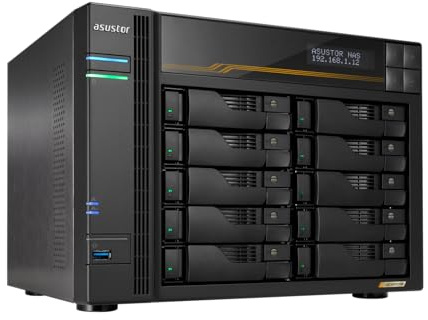Asustor Lockerstor 10 Gen3 AS6810T 10 Bay NAS Netzwerkspeicher, AMD Ryzen Quad-Core 2.3 GHz, 16GB RAM ECC DDR5, 4 M.2 NVMe Slots, Dual 5GbE & Dual 10GbE Port, USB4 Type-C, Network Attached Storage