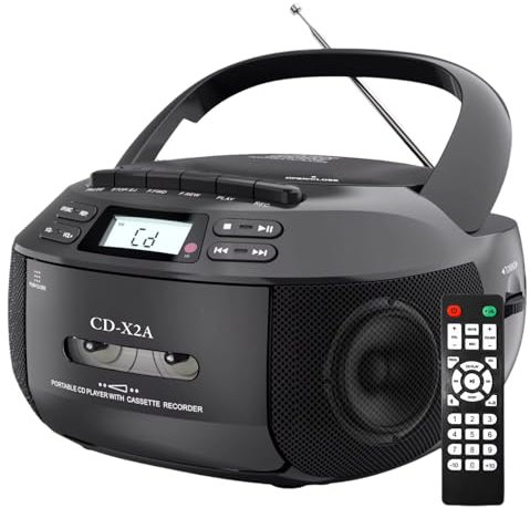 Portable CD Player Boombox, Cassette Player Combo with Bluetooth AM FM MP3 Radio, Remote Control, LED Display, Personal CD Music Player for Home & Family Use black