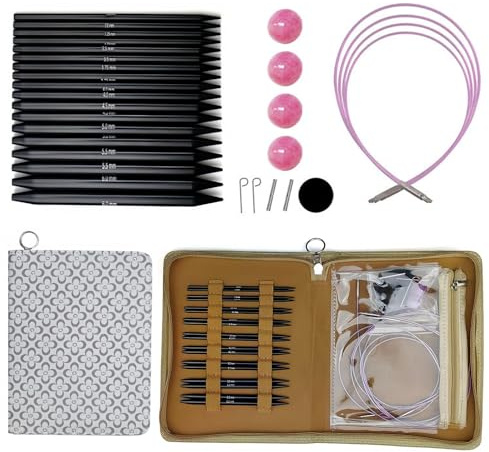 Juego de Agujas de Tejer Circulares, Agujas de Tejer Circulares Intercambiables 9 Pares de Agujas de Tejer Circulares de 3 a 6 mm Circular Knitting Pins Set Con Estuche y Accesorios