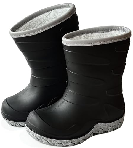 Greentiming Kids Warm Lined Thermal Wellies, Toddler Waterproof Winter Boots Fur Fleece Lined Cozy Wellintong Boots for Boys Girls, Black Size 10 UK Child