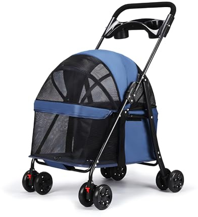 Haibinsuo Poussette pliable pour chiens et chats Taille petite/moyenne, 4 roues, porte-gobelet, maille respirante, cadre métal robuste, double frein, auvent