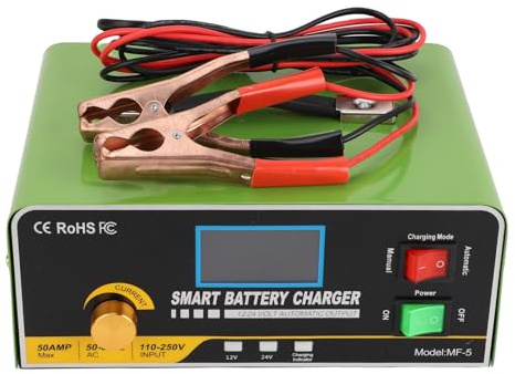 Garosa 50A 12V/24V Cargador de Batería Inteligente Motor de Arranque y Mantenedor para Automóviles Camiones RVs Marine con Carga Automática Indicador LED sobre (Enchufe de la UE)
