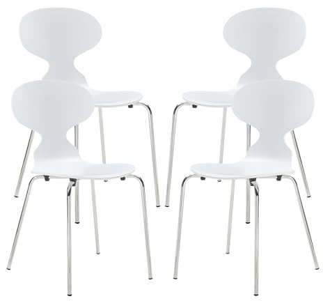 [en.casa] Set di 4 Sedie da Sala Pranzo con Scocca in Multistrato di Betulla e Gambe in Metallo Color Cromo Sedie Impilabili per Cucina Sala Riunioni - Bianco
