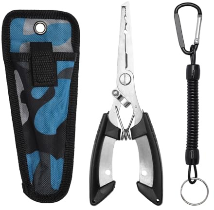 KQDRAVINE Alicates de pesca de acero inoxidable negro, alicates de pesca, desenganche de anzuelos, alicates y tijeras de pesca, alicates de anillo de detonación, pinzas inoxidables, con cuerda de