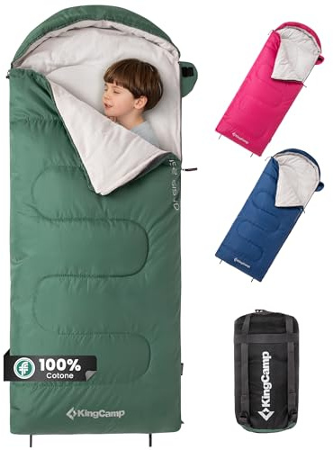 KingCamp Kids Cotton Sleeping Bag, Lightweight Waterproof Camping Sleeping Bag Indoor & Outdoor Use for Kids Age 10-12 (up to 100-140cm),Green
