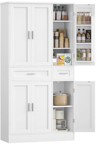 Hzuaneri Credenza Cucina, Mobile Alto da Cucina, 6 Ante, 2 Ampio Cassetto Grande, Scaffale Portaoggetti Dietro la Porta, 40 x 92 x 180 cm, Moderno, Cucinas, Soggiorno, Bianco PT30003X