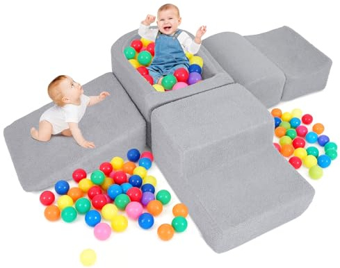 GOPLUS 5 Bloques de Espuma TLG, Bloques Suaves con Piscina de Bolas y Funda de Sherpa, Juego de Actividades para Interiores, Bloques Montessori de Escalada para Niños de 3+ Años (Gris)