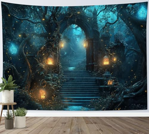 LB Tapiz de Pared Bosque mágico Arte Mural Azul Oscuro Paisaje Natural Árbol Rústico Decoracion Pared para Dormitorios Salon,150x130cm