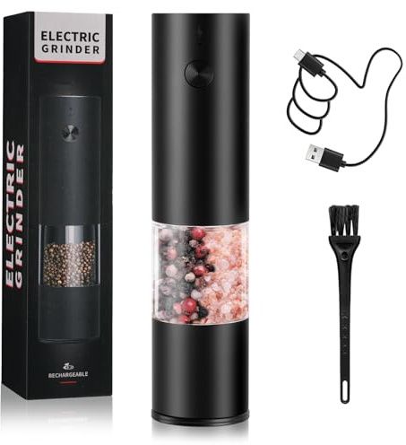 AXFEE Molinillo de Pimienta Eléctrico Recargable USB Tipo-C, 70 ml para la Cocina, Ajuste de Grueso, Funcionamiento con Una Mano, Molido Automático por Gravedad, para Cocina y Barbacoa(1 Unidade)
