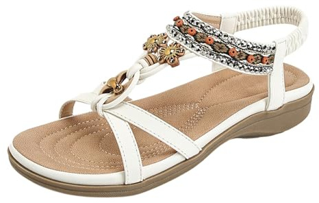 Sandalias Mujer Platafoma Zapatos Ortopedicos Sandalias planas con tiras en T y cuentas para mujer con piedras preciosas de colores y elástico Confort Zapatos Ortopedicos Talla 40