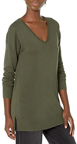 Amazon Essentials Maglione A Tunica Leggero A Maniche Lunghe Con Scollo A v (Disponibile In Taglie Forti) Donna, Verde Oliva Scuro, L
