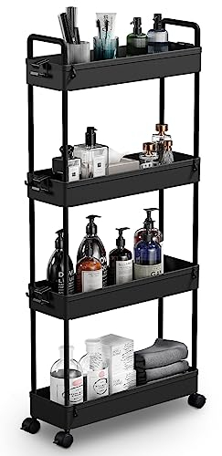 SOLEJAZZ 4-Tier Storage Trolley Cart Slide-out Slim Rolling Utility Cart Mobile Storage Shelving Organizer for Kitchen, Bathroom, Laundry Room, Bedroom, Narrow Places, Plastic, Black