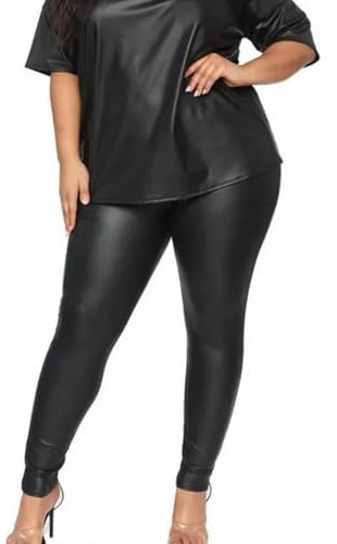 AIDAYOU Super Stretchy Plus Size Leggings Lightweight Pleather Looking Tummy Control Elastic Breathable Comfy Cozy Spring Summer Size 22 24 Black
