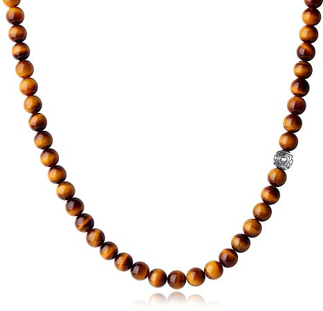 GAVU Collana Uomo Occhio di Tigre Pietra Naturale, Collana di Perline da Uomo con Amuleto Fleur de Lis 55cm