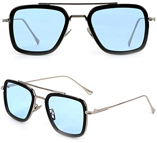 Lunettes de soleil rétro vintage Iron Man Tony Stark - Monture carrée en métal pour homme et femme - Monture classique en alliage, Cadre noir, lentille bleu océan, bras argenté, Taille unique