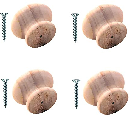 TERF® Lot de 4 boutons de porte traditionnels en bois de pin non laqué 40 mm, poignée de porte, poignee de meuble, avec fixation pour commode, tiroir, placard, cuisine, armoire