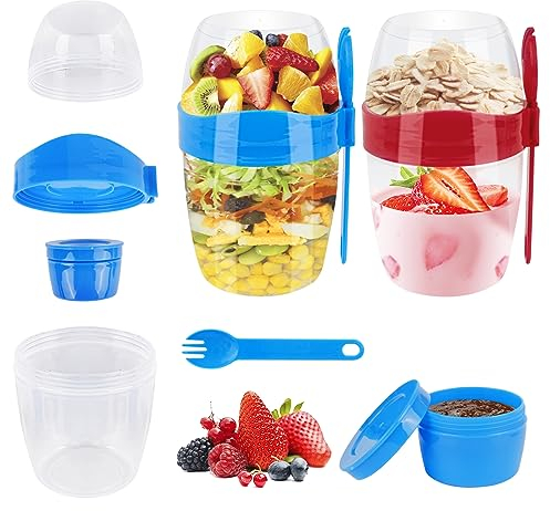 2 Stück Müslibecher to Go Groß Joghurtbecher Kinder Salatbecher Porridge Becher mit Löffel Deckel 310ml+560ml Müsli Behälter Joghurt Müslibox Dressing Frühstücksbehälter 3 IN 1 Overnight Oats Gläser