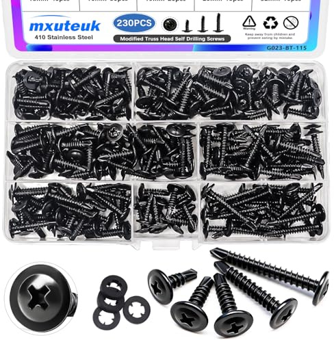 mxuteuk 230PCS #8 Self Tapping Screws,410 Stainless Steel Self Tapping Screws for Metal,1/2,5/8,3/4,1,1-1/4 Modified Truss Head Self Drilling Screw for Metal (115PCS Screw+115PCS Washers)