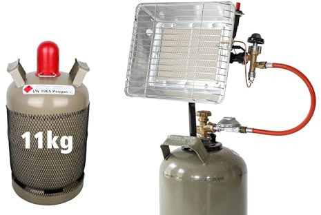 Rothenberger Industrial 4 teiliges Komplett-Paket: Gas Heizstrahler Aufsatzstrahler mit Zündung | 0,4 m Propangasschlauch | 1x Propankonstantregler 50 mbar und Propangas 11 kg leer