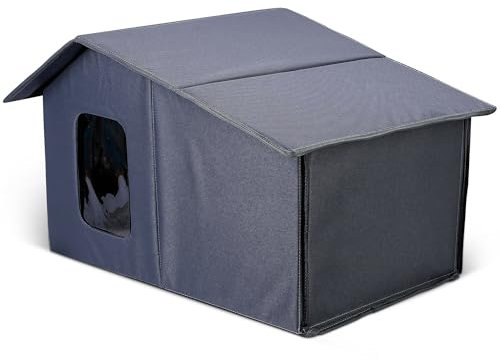 ALLSOPETS Outdoor Cat House Waterproof, Large Warm Pet Shelter for Outdoor & Indoor Use, Foldable Stray Cat House with Removable Soft Mat for Winter (Urban Gray)