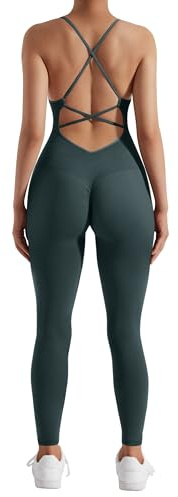 RXRXCOCO Mono de mujer con tirantes de espagueti, acanalado, ajustado, sin espalda, con relleno, reductor de abdomen, para yoga y deporte, de una pieza, mono bodysuit, S