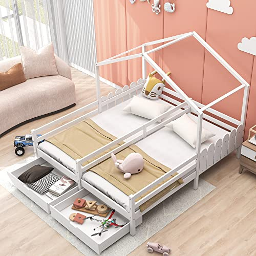 Lexiou Cama doble, cama de casa, cuna, cuna con 2 cajones de MDF, cajones con ruedas, somier de láminas de pino