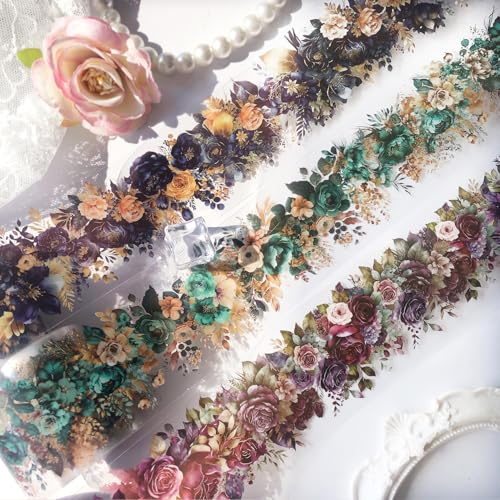 Washi Tape PET Stickers Set 3 rouleaux fleurs autocollants Scrapbooking accessoires papier pour découpage décoratif pour journal album Bullet Journal DIY (Flora of the Four Seasons 1)
