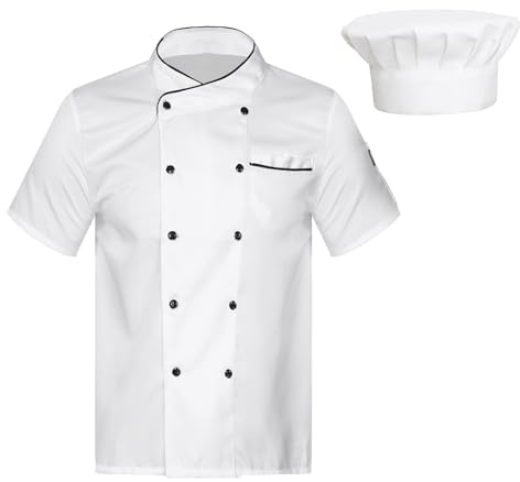 Runhomal Chaqueta de Chef de Manga Corta Hombre Mujer con Sombrero de Cocina Blusa Hotel Restaurante Bar Trabajo - Talla Pequeña Atención
