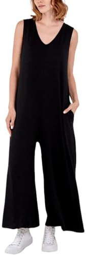 STAR FASHION Womens Sleeveless Plain V-neck Jumpsuit Long and Lightweight Comfy for Summer Beach Party Causal Ladies Wide Leg Romper Overalls Blck
