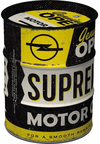 Nostalgic-Art Retro Spardose, 600 ml, Opel – Supreme Motor Oil – Geschenk-Idee für Opel-Zubehör Fans, Original Lizenzprodukt (OLP), Sparschwein aus Metall, Vintage Blech-Sparbüchse