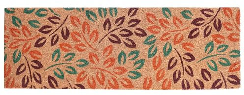 Extra Long Printed Coir Doormat 40x125cm Non-Slip Backing Large Natural Runner for Hallway Entrance Indoor Outdoor Dirt Trapping Heavy Duty Coconut Fibre Mat [Leaves]