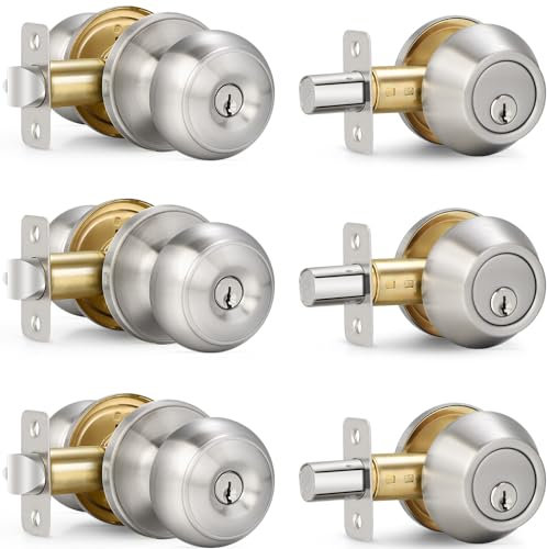 Silver (3 Sets) All Keyed Same Entry Door Knob and Single Cylinder Deadbolt Combo Set