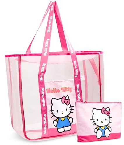 Get Trend Hello Kitty Travel Bag for Women Teens Kawaii Mesh Zipped Tote Bag with Small Pouch Beach Bag Travel Essentials Holiday Pool Swim Gym Picnic (Pink Hello Kitty)