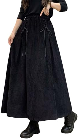 ebossy Maxi Gonna da Donna in Velluto a Coste con Elastico a Vita Alta con Coulisse Cravatta Frontale A-Line Gonna Lunga Plissettata con Tasche, Nero, L
