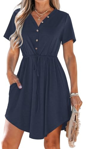 AUSELILY Summer Dresses for Women UK Casual V Neck Short Sleeve Drawstring Midi Dresses with Pockets Navy Blue S