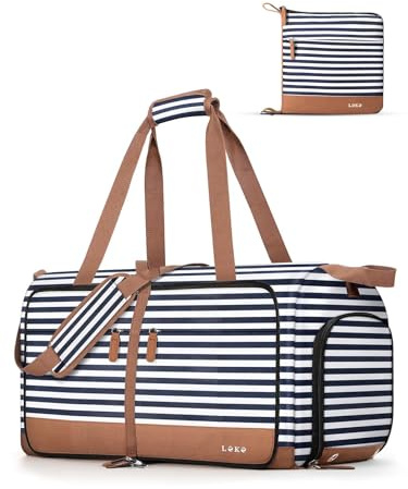 Lekesky Reisetasche Damen 45x36x20 Easyjet Handgepäck Tasche, 30L Faltbare Reisetasche Weekender Sporttasche mit Schuhfach, Wasserdicht Travel Bag Duffle Bag für Reise Gym (Blau Gestreift)
