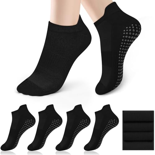 Tobfit 4 Pares Calcetines Yoga Pilates, Comodos Calcetines Antideslizantes para Mujeres y Hombres, Calcetín Tobillero Deportivo Transpirables Con Puntos Antideslizantes, Talla única 36-41