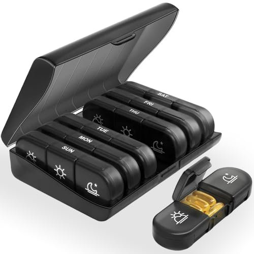 YADOBIG Pilulier Semaine Matin Midi Soir, Pilulier Semainier Francais, Piluliers Medicaments 7 Jours, Pill Box 3 Compartiments, pour Vitamines, Suppléments, Noir