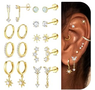 Adramata 9Pairs Boucles d'Oreilles Femme Acier Inoxydable Boucle d'Oreilles Pendante Petit Creoles Or Argent Boucle d'Oreille Clous Tragus Helix Piercing Oreille Boucles d'Oreilles Femme Argent Or