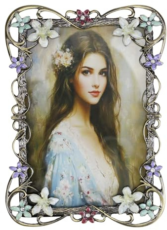 Essovee Vintage Photo Frame 4x6, Metal photo frame with European Floral Ornate Enamel Flower & Bronze Metal Design with HD Glass for Wedding Valentine's/Mother's Day Gifts