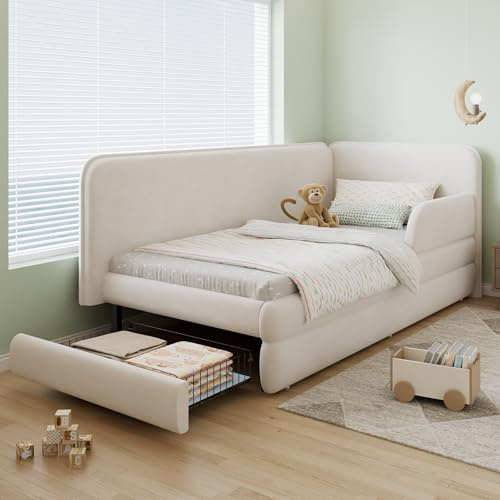 Daybed with Drawers and Safety Guard rails, 3FT Single Upholstered Bed 90x190 cm, Guest Bed Sofa Beds Youth Beds For Adults Kids Teenagers, Velvet, Wooden Slats, Beige, No Mattress, Easy Assembly