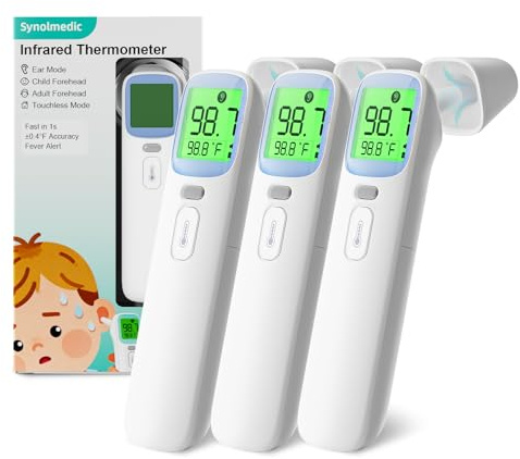 Synolmedic Termómetro infrarrojo de oído, termómetro digital preciso para bebé con alarma de fiebre, termómetro infrarrojo para oído, frente y sin contacto, termómetro para adultos y niños